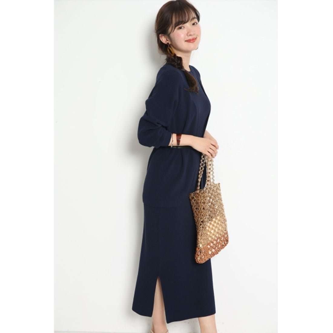カーデ付タイトニットワンピース （ネイビー）